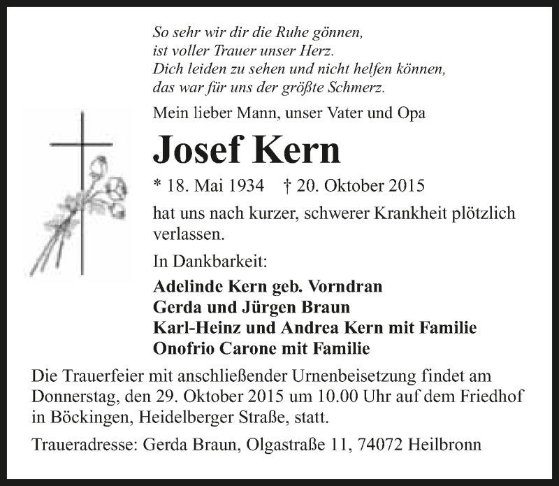  Traueranzeige für Josef Kern vom 24.10.2015 aus 
