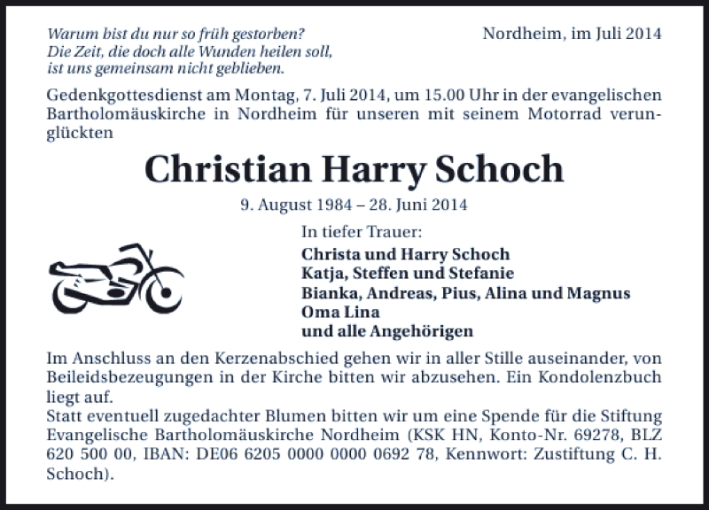  Traueranzeige für Christian Harry Schoch vom 03.07.2014 aus 
