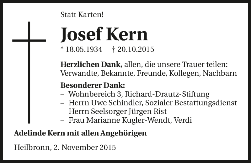  Traueranzeige für Josef Kern vom 02.11.2015 aus 