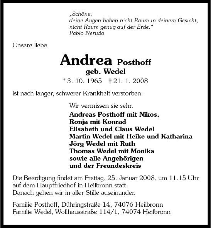  Traueranzeige für Andrea Posthoff vom 24.01.2008 aus 