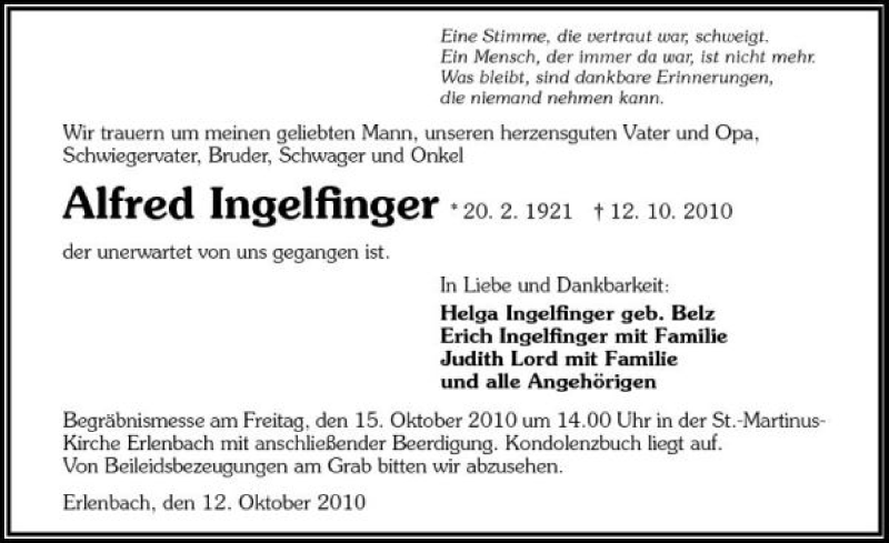  Traueranzeige für Alfred Ingelfinger vom 13.10.2010 aus 