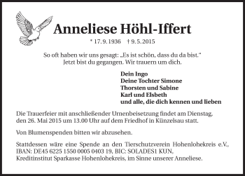 Traueranzeige von Anneliese Höhl-Iffert 