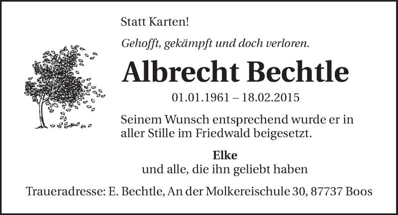  Traueranzeige für Albrecht Bechtle vom 26.02.2015 aus 