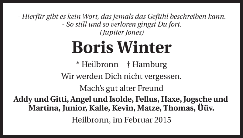  Traueranzeige für Boris Winter vom 14.02.2015 aus 