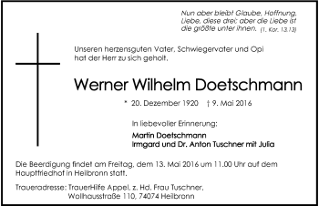 Traueranzeige von Werner Wilhelm Doetschmann 