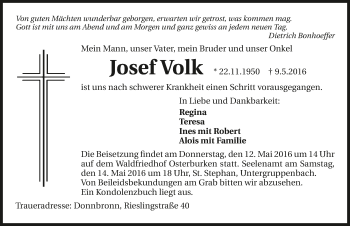 Traueranzeige von Josef Volk 