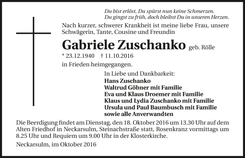  Traueranzeige für Gabriele Zuschanko vom 15.10.2016 aus 