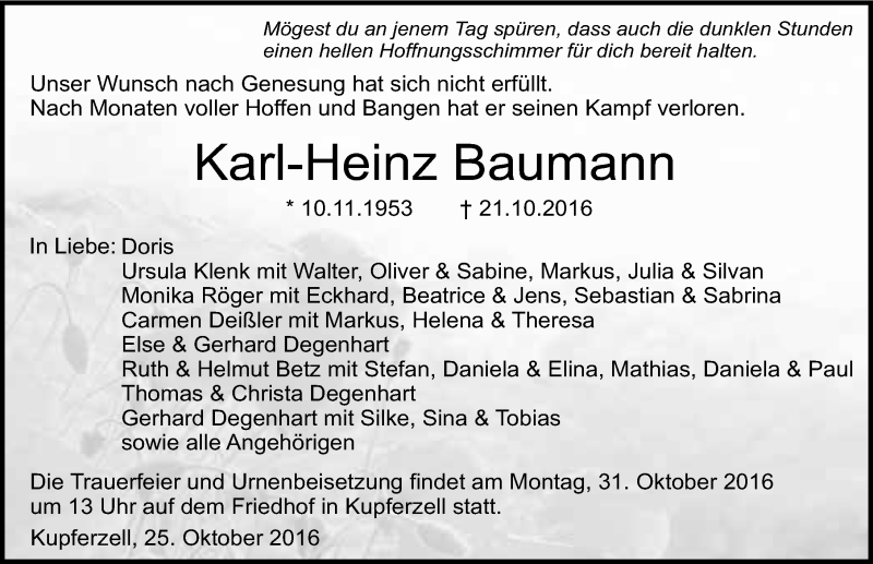  Traueranzeige für Karl-Heinz Baumann vom 25.10.2016 aus 