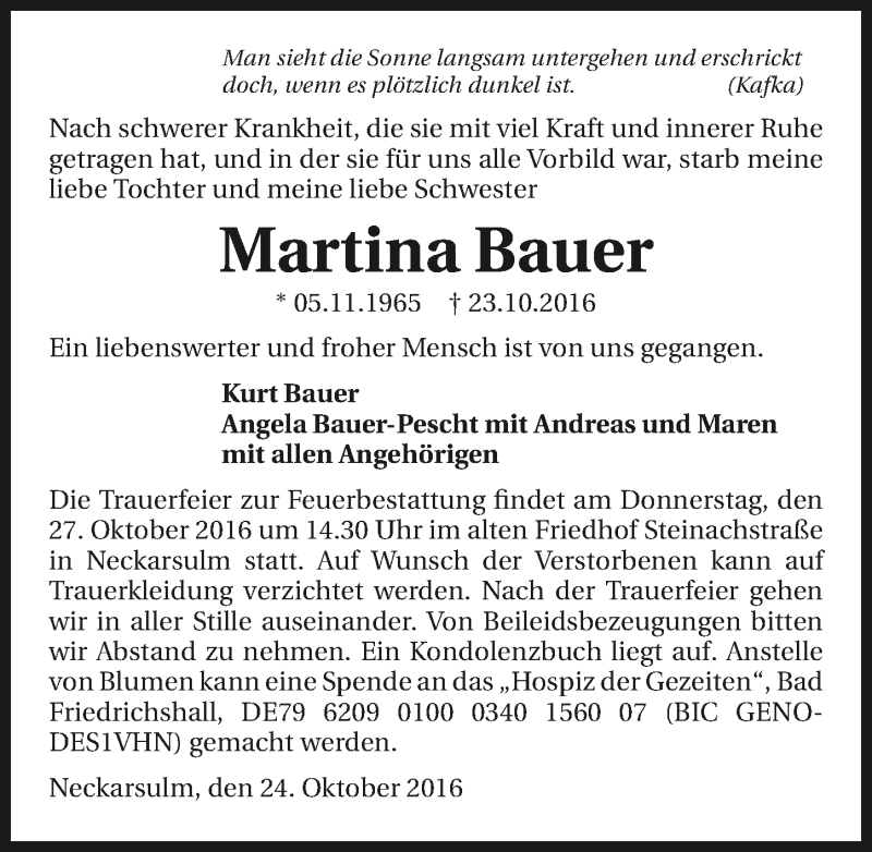  Traueranzeige für Martina Bauer vom 25.10.2016 aus 