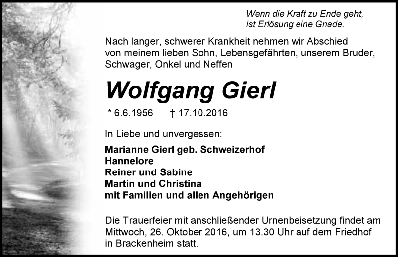  Traueranzeige für Wolfgang Gierl vom 22.10.2016 aus 