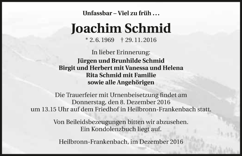  Traueranzeige für Joachim Schmid vom 03.12.2016 aus 