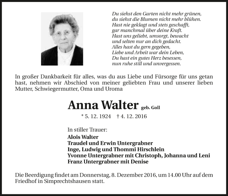  Traueranzeige für Anna Walter vom 06.12.2016 aus 