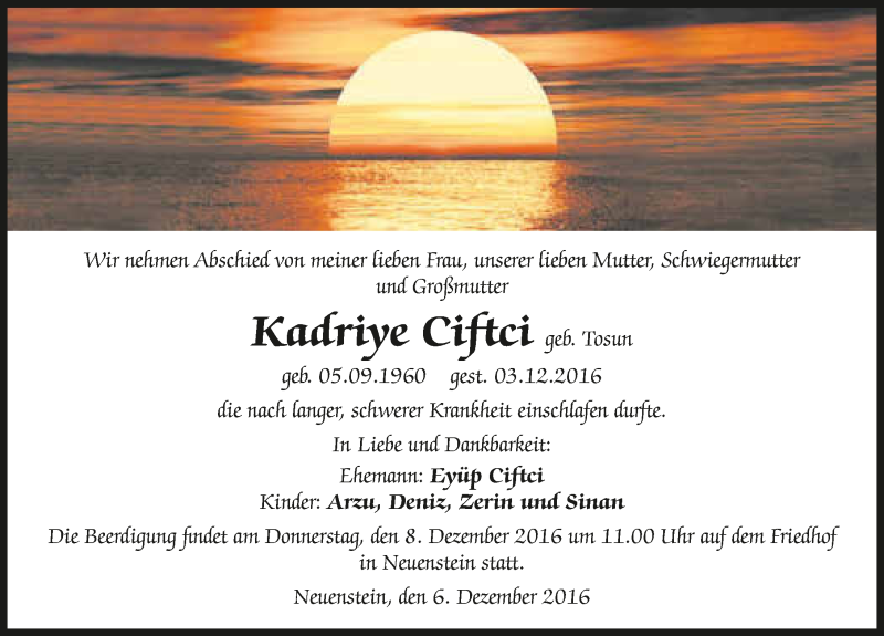 Traueranzeige für Kadriye Ciftci vom 06.12.2016 aus 