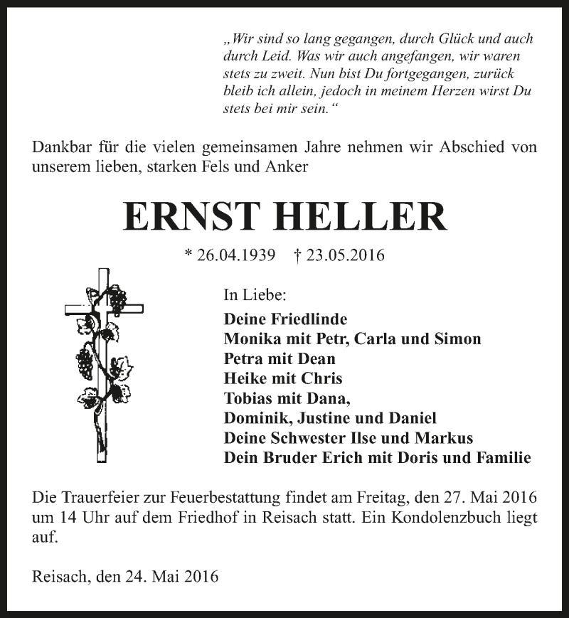  Traueranzeige für Ernst Heller vom 24.05.2016 aus 