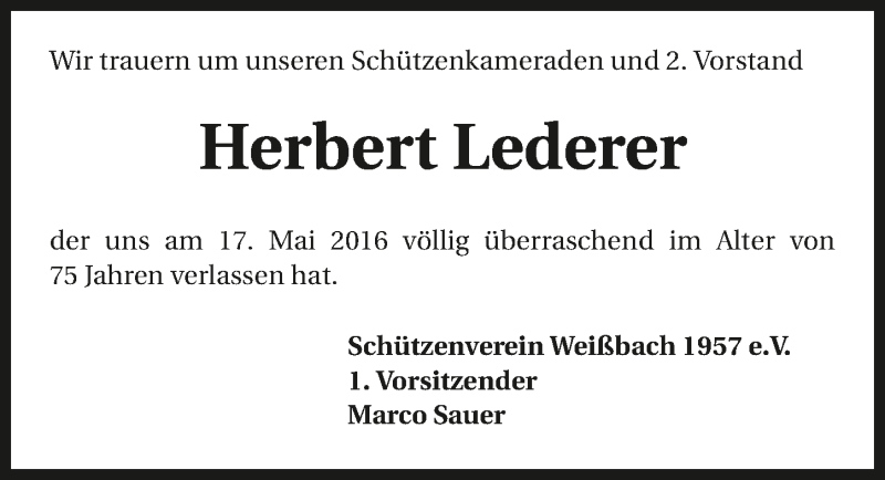  Traueranzeige für Herbert Lederer vom 21.05.2016 aus 