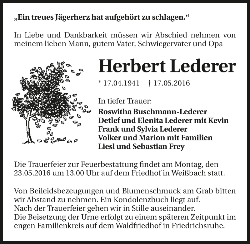  Traueranzeige für Herbert Lederer vom 19.05.2016 aus 