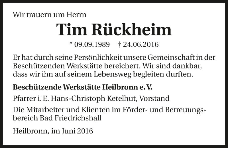  Traueranzeige für Tim Rückheim vom 30.06.2016 aus 