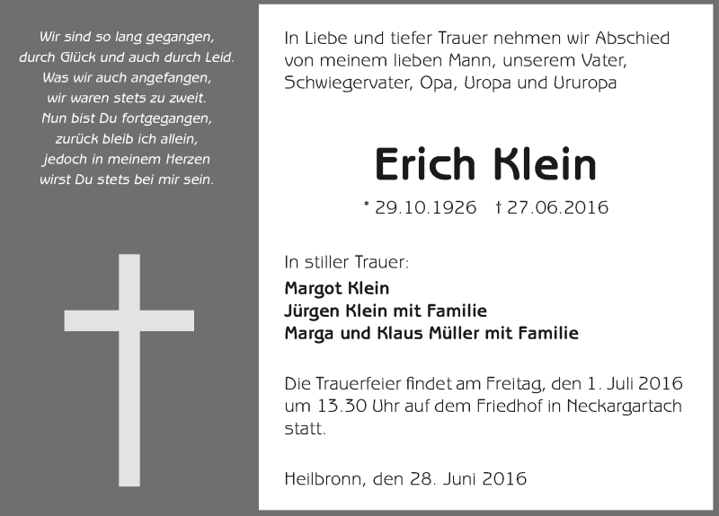  Traueranzeige für Erich Klein vom 29.06.2016 aus 