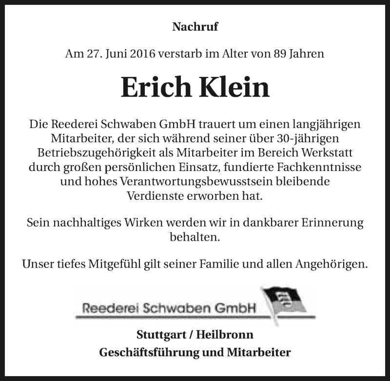  Traueranzeige für Erich Klein vom 30.06.2016 aus 