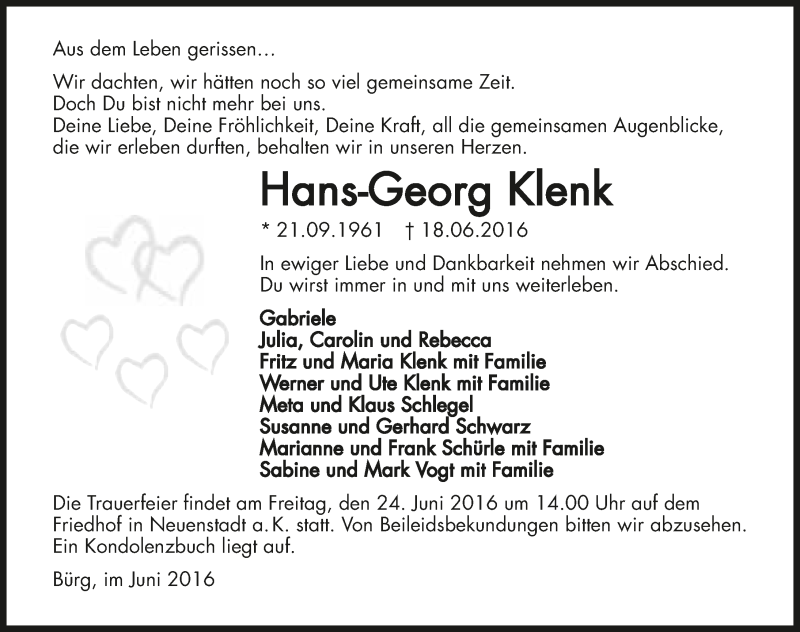  Traueranzeige für Hans-Georg Klenk vom 22.06.2016 aus 