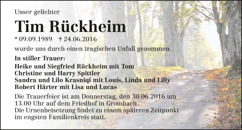  Traueranzeige für Tim Rückheim vom 29.06.2016 aus 