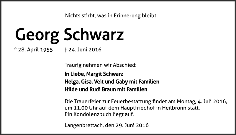  Traueranzeige für Hans-Georg Schwarz vom 29.06.2016 aus 