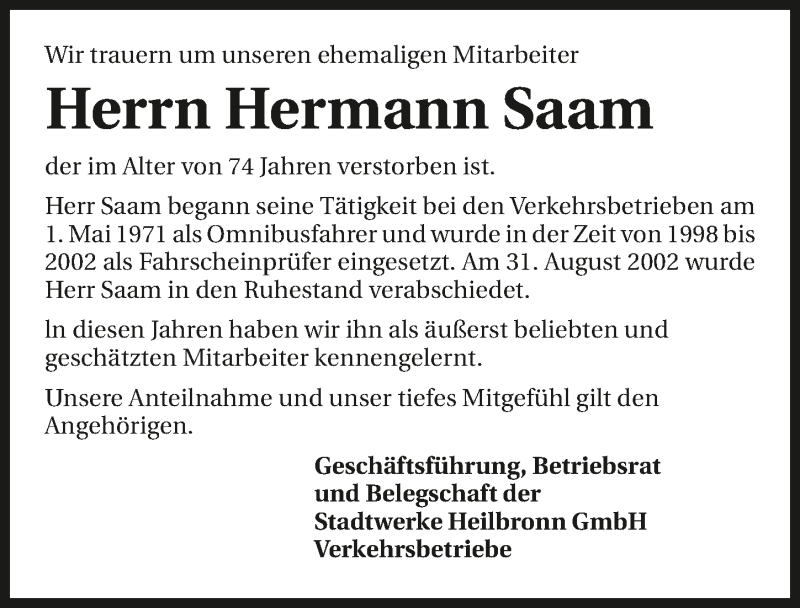  Traueranzeige für Hermann Saam vom 30.07.2016 aus 