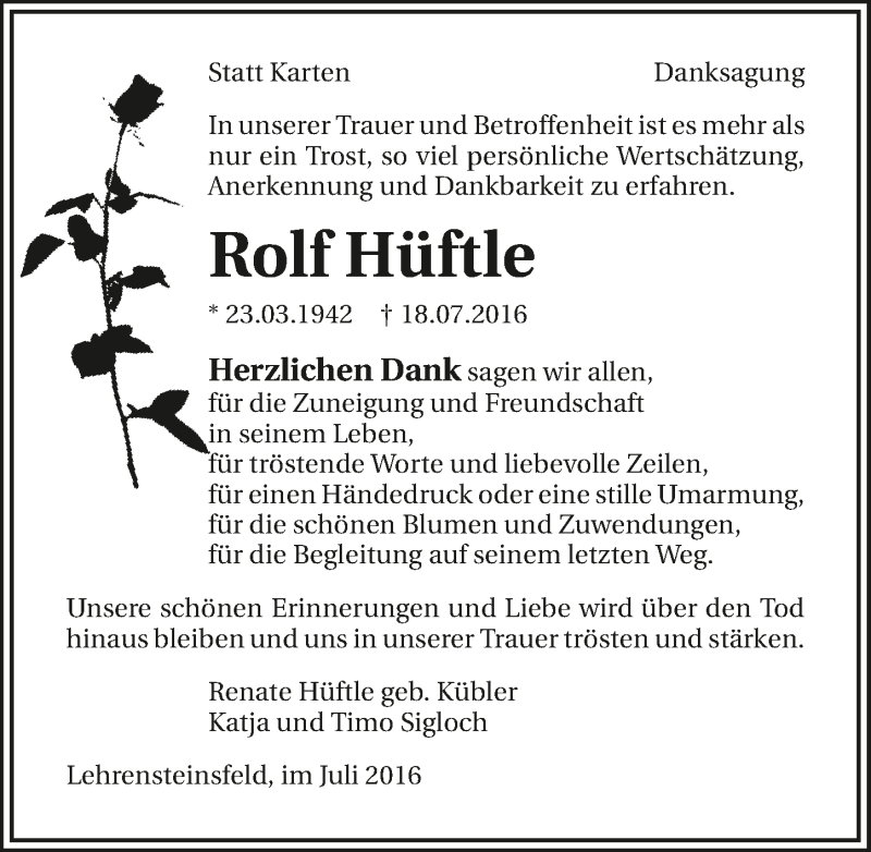  Traueranzeige für Rolf Hüftle vom 30.07.2016 aus 