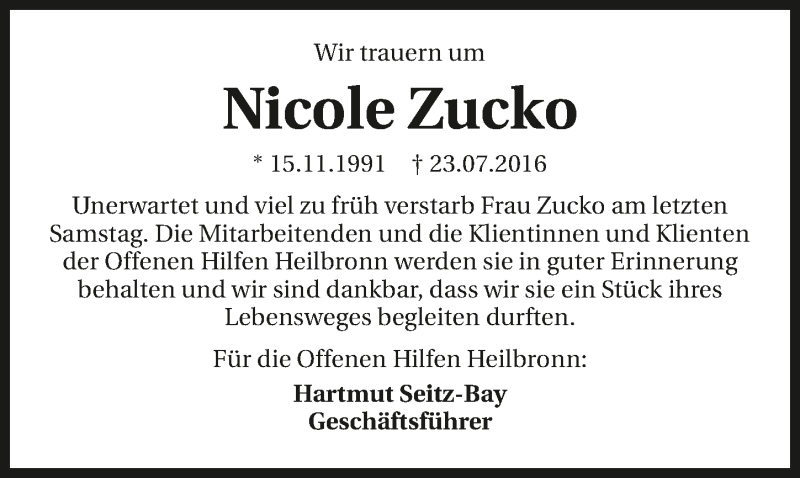  Traueranzeige für Nicole Zucko vom 27.07.2016 aus 