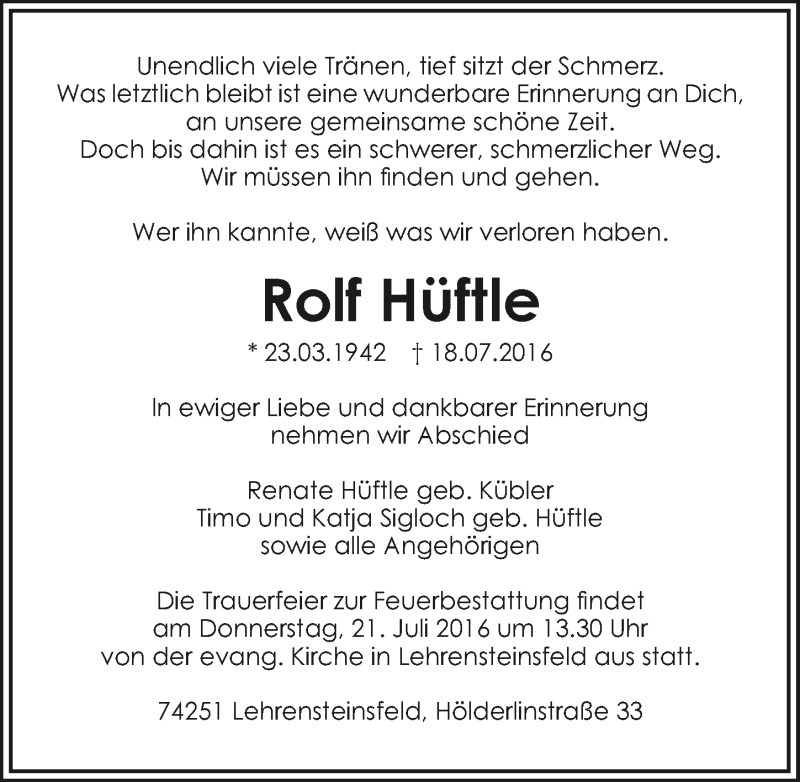  Traueranzeige für Rolf Hüftle vom 19.07.2016 aus 