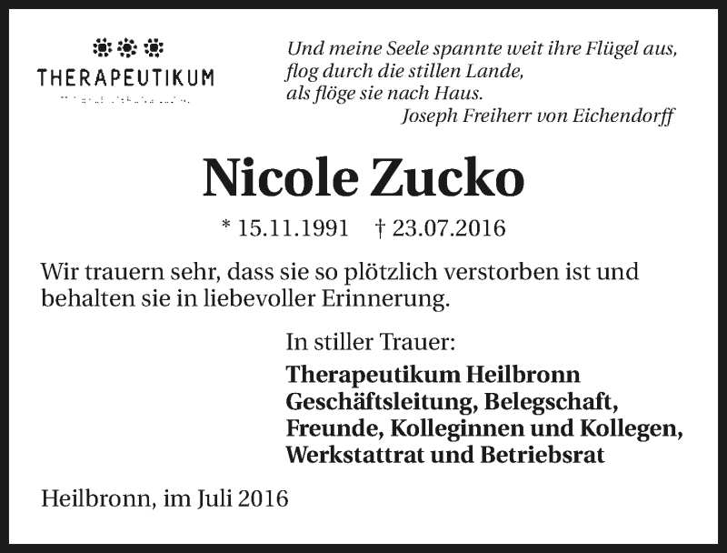  Traueranzeige für Nicole Zucko vom 27.07.2016 aus 