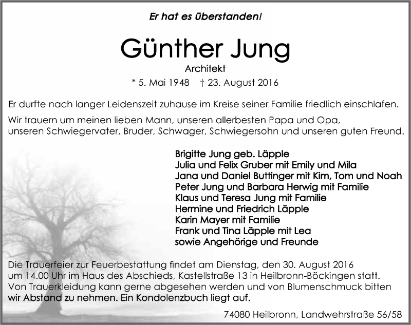 Traueranzeige für Günther Jung vom 27.08.2016 aus 