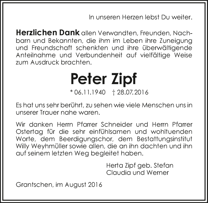  Traueranzeige für Peter Zipf vom 27.08.2016 aus 