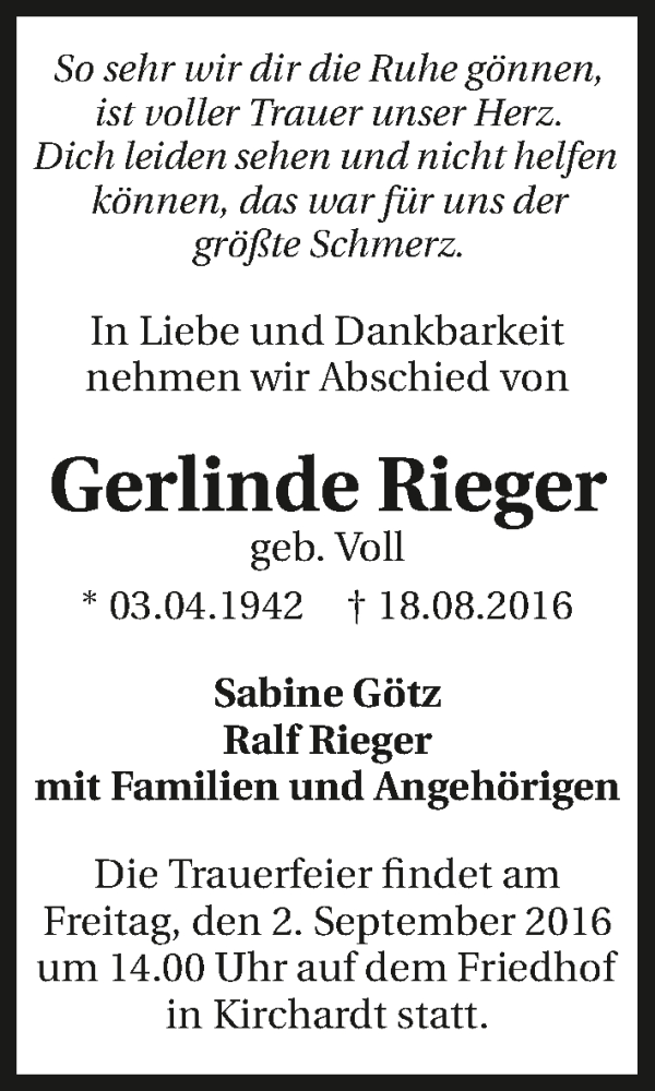  Traueranzeige für Gerlinde Rieger vom 27.08.2016 aus 