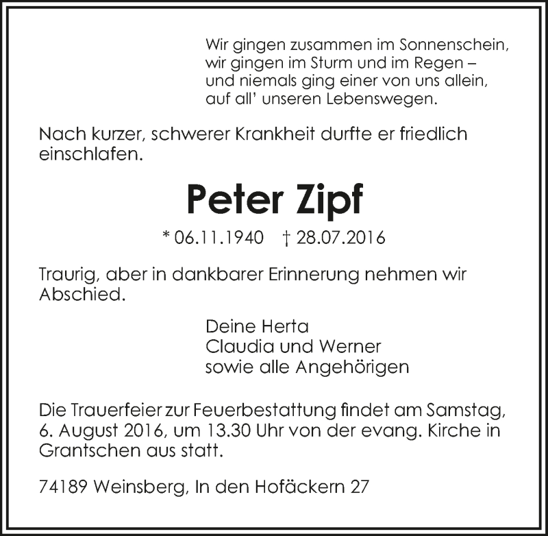  Traueranzeige für Peter Zipf vom 02.08.2016 aus 
