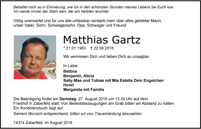  Traueranzeige für Matthias Gartz vom 24.08.2016 aus 
