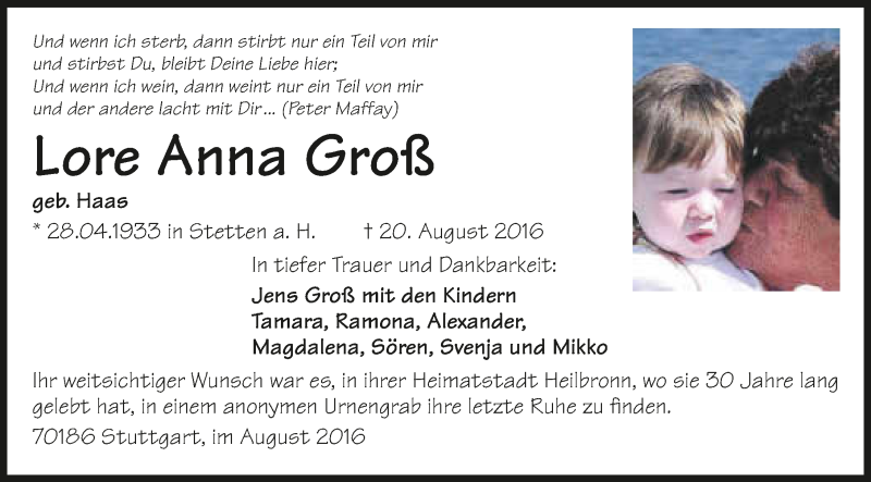  Traueranzeige für Lore Anna Groß vom 27.08.2016 aus 