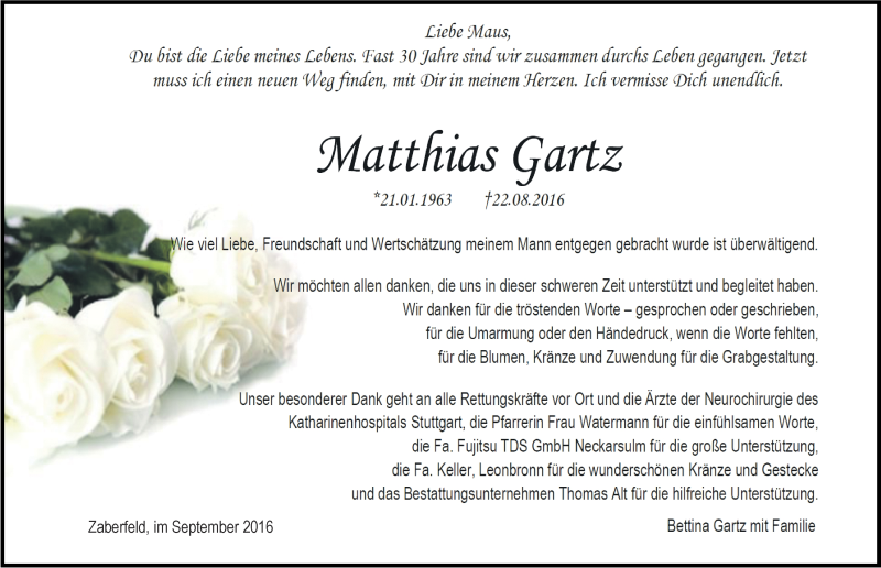  Traueranzeige für Matthias Gartz vom 15.09.2016 aus 