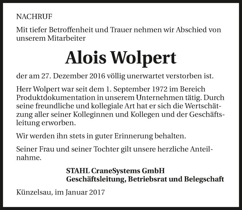  Traueranzeige für Alois Wolpert vom 03.01.2017 aus 