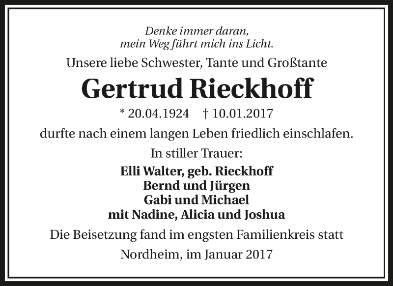 Traueranzeige für Gertrud Rieckhoff vom 21.01.2017 aus 