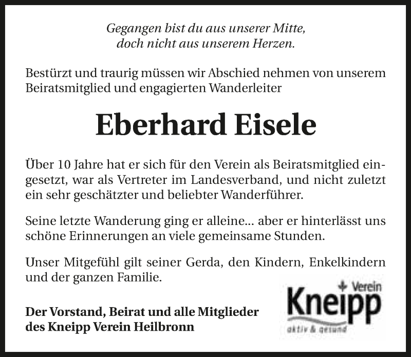  Traueranzeige für Eberhard Eisele vom 24.01.2017 aus 