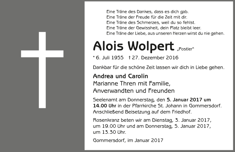  Traueranzeige für Alois Wolpert vom 03.01.2017 aus 