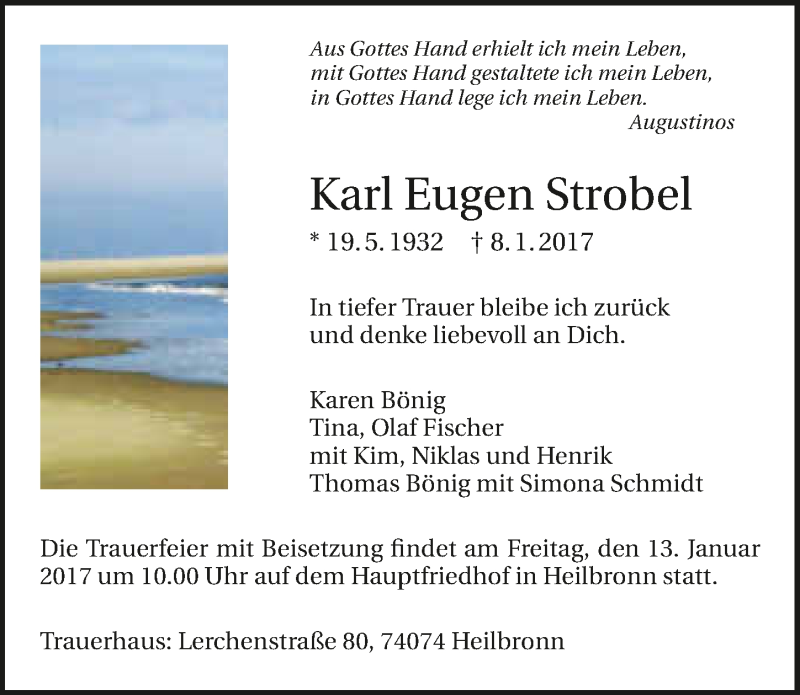  Traueranzeige für Karl Eugen Strobel vom 11.01.2017 aus 