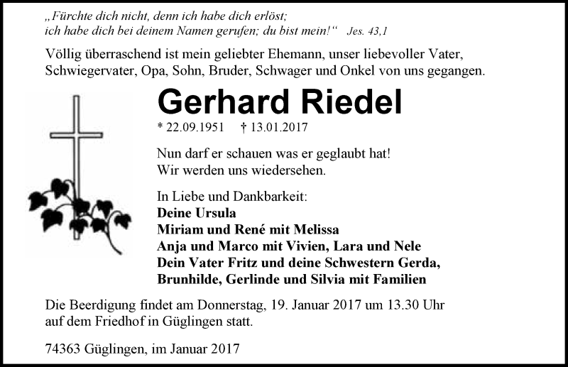  Traueranzeige für Gerhard Riedel vom 16.01.2017 aus 