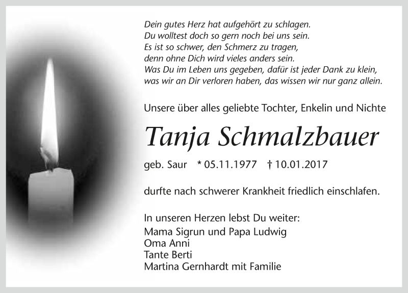  Traueranzeige für Tanja Schmalzbauer vom 11.01.2017 aus 