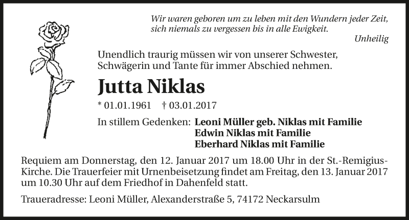  Traueranzeige für Jutta Niklas vom 07.01.2017 aus 