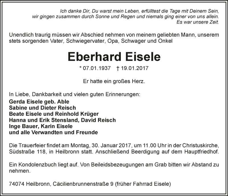  Traueranzeige für Eberhard Eisele vom 23.01.2017 aus 