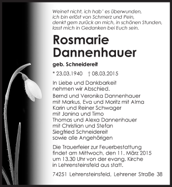 Traueranzeige von Rosmarie Dannenhauer 