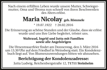 Traueranzeige von Maria Nicolay 