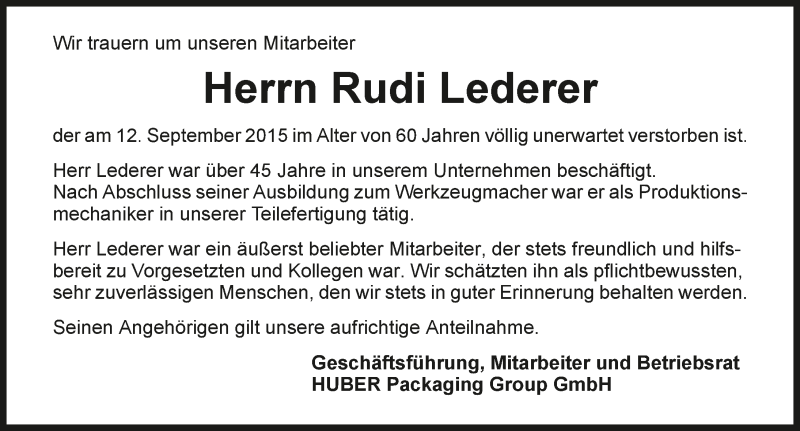  Traueranzeige für Rudi Lederer vom 16.09.2015 aus 